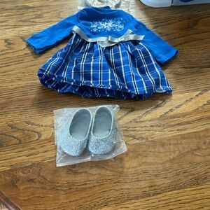Blue Plaid Dress with Silver Glitter Shoes